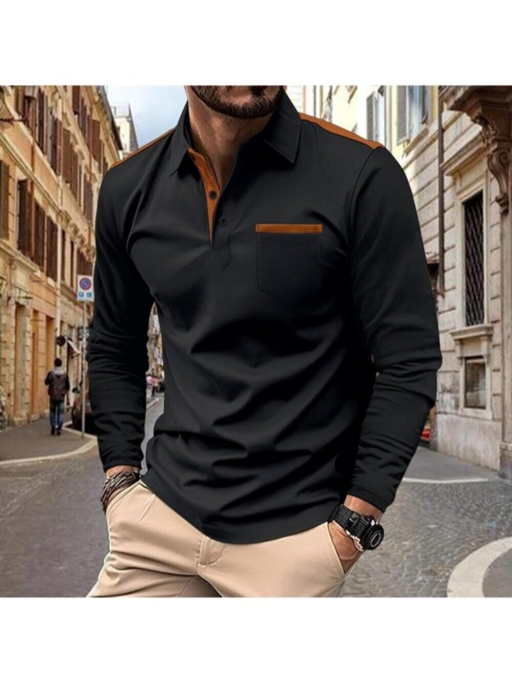 〽️Men's 1 Black Casual Polo Shirts Classic Short Sleeve Fashion Button Pocket